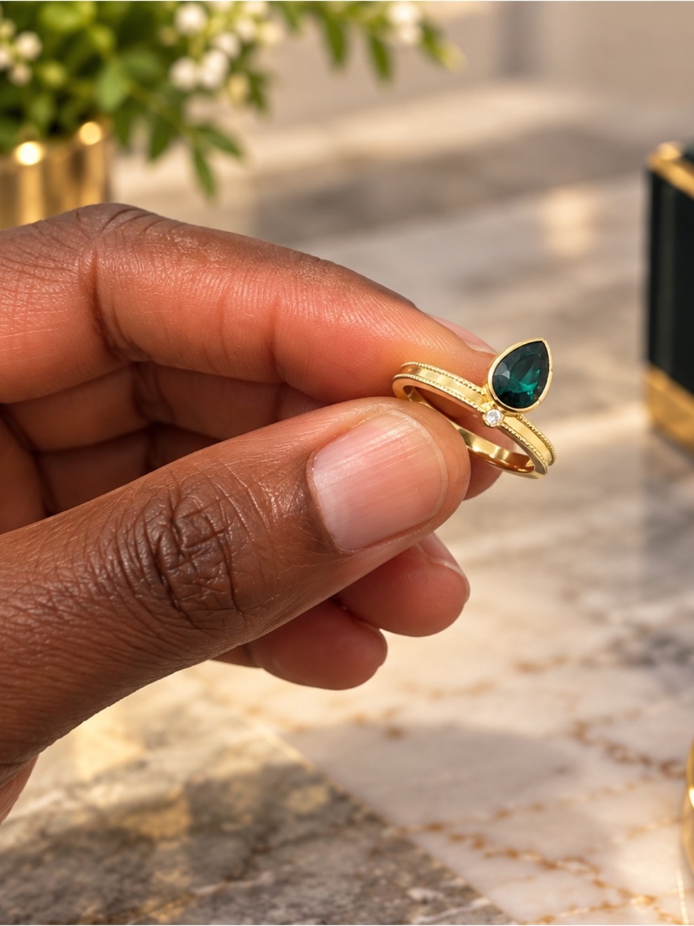 Gold Ring with Teardrop Emerald Stone and Accent Diamond - Women Jewelry
